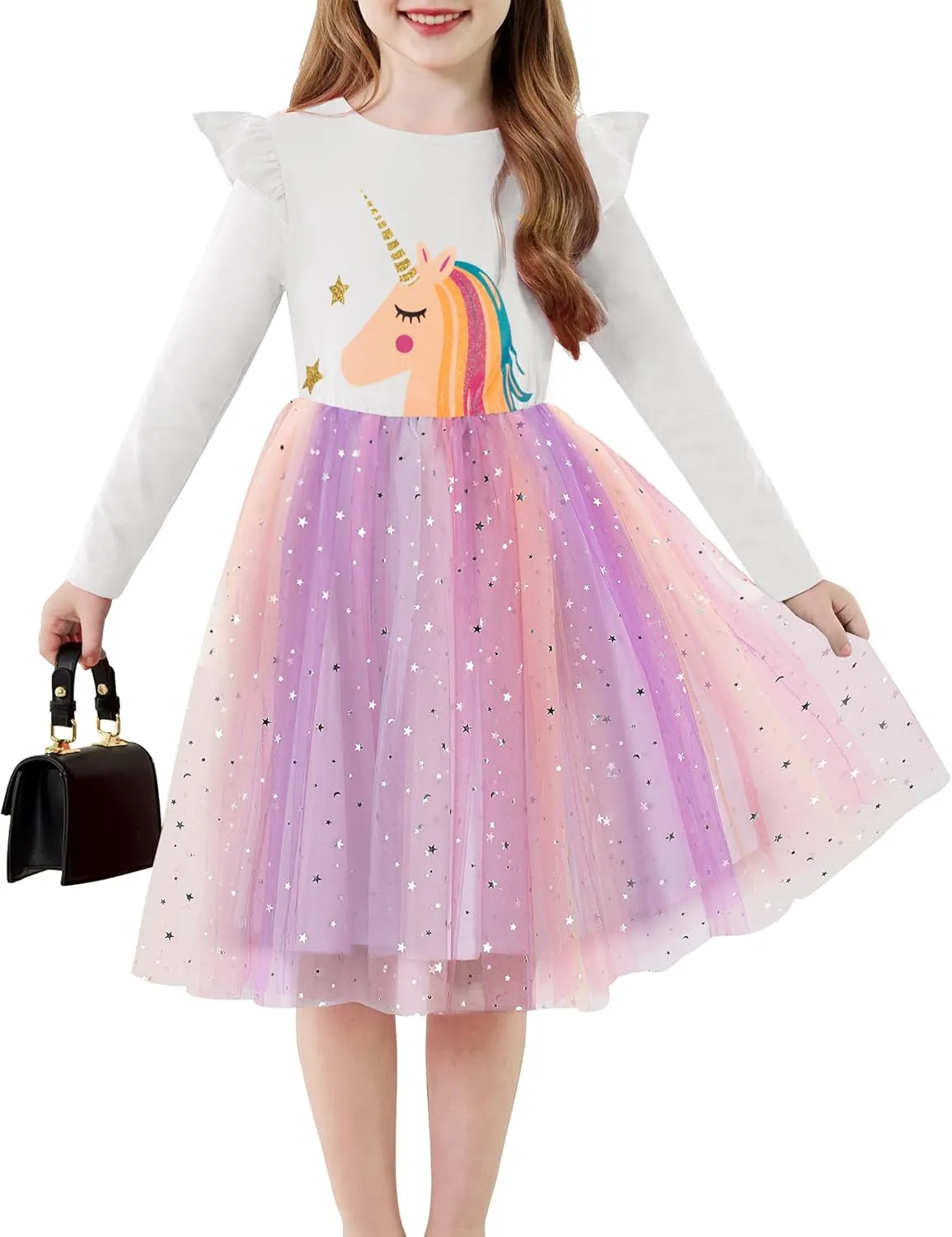 Arshiner Toddler Girls Tutu Dresses Long Sleeve Ruffle Fall Star Sequin Tulle Dress