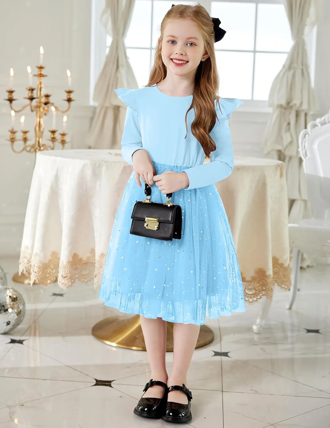 Arshiner Toddler Girls Tutu Dresses Long Sleeve Ruffle Fall Star Sequin Tulle Dress