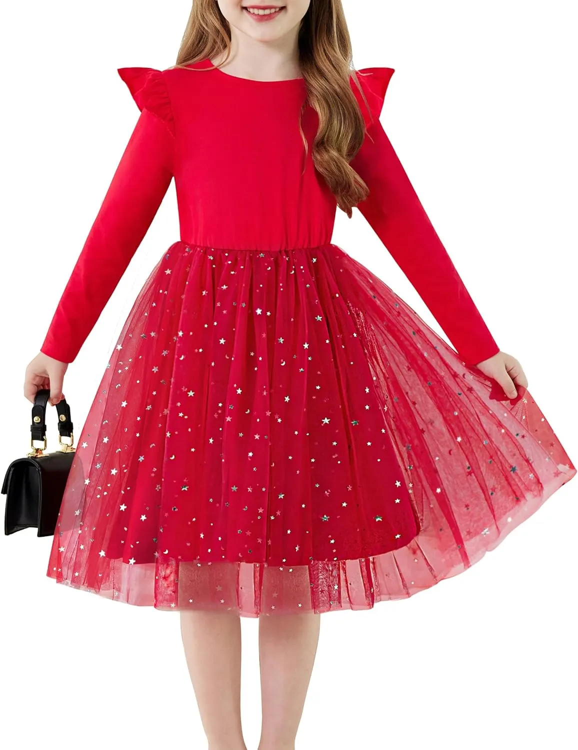 Arshiner Toddler Girls Tutu Dresses Long Sleeve Ruffle Fall Star Sequin Tulle Dress