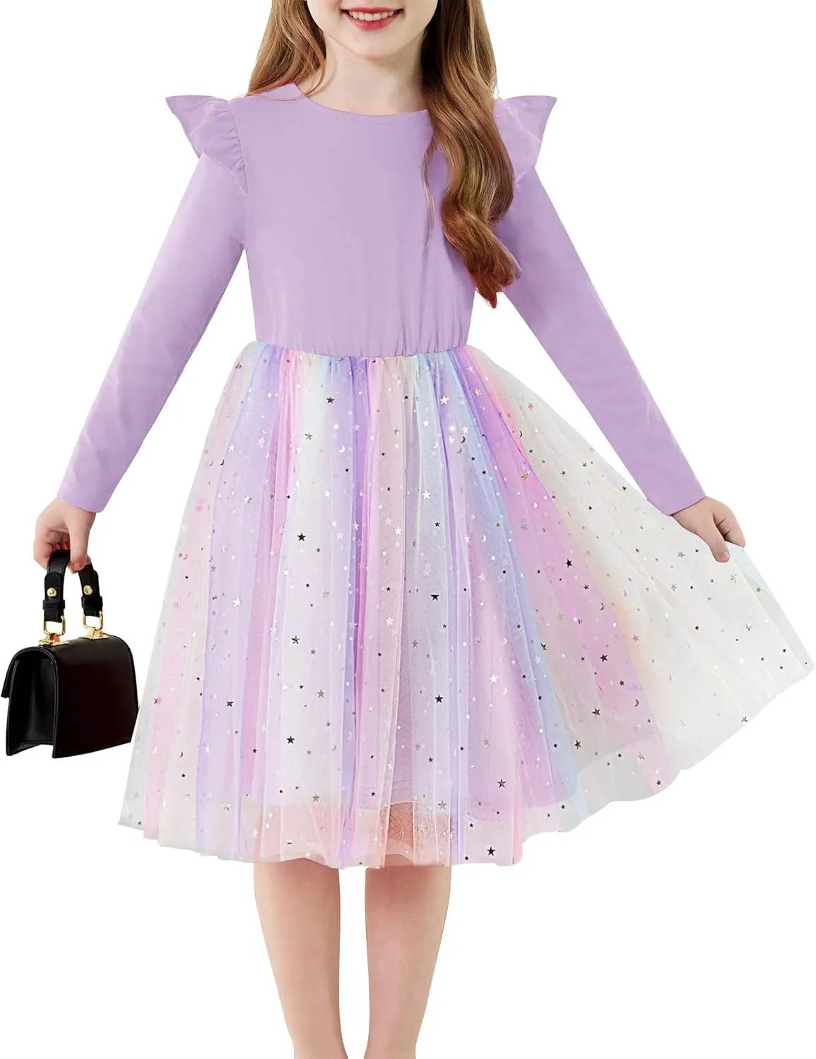 Arshiner Toddler Girls Tutu Dresses Long Sleeve Ruffle Fall Star Sequin Tulle Dress