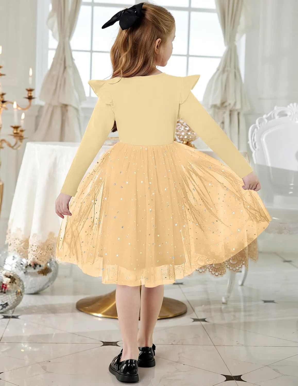 Arshiner Toddler Girls Tutu Dresses Long Sleeve Ruffle Fall Star Sequin Tulle Dress