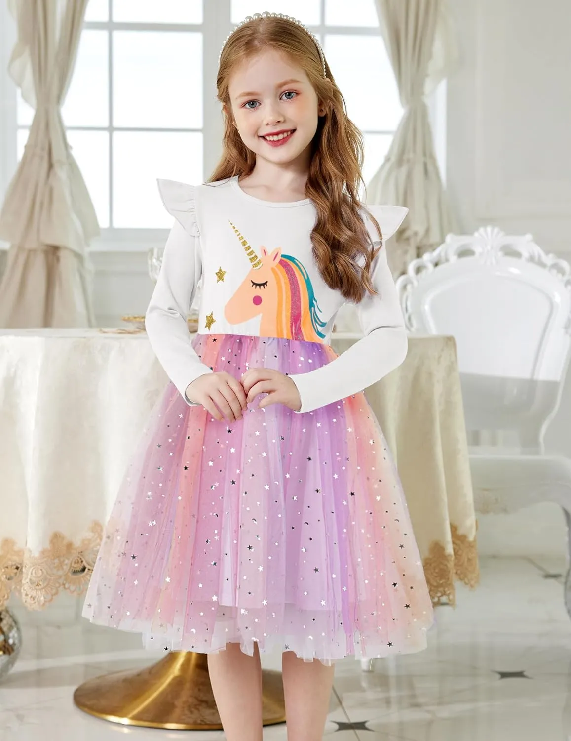 Arshiner Toddler Girls Tutu Dresses Long Sleeve Ruffle Fall Star Sequin Tulle Dress