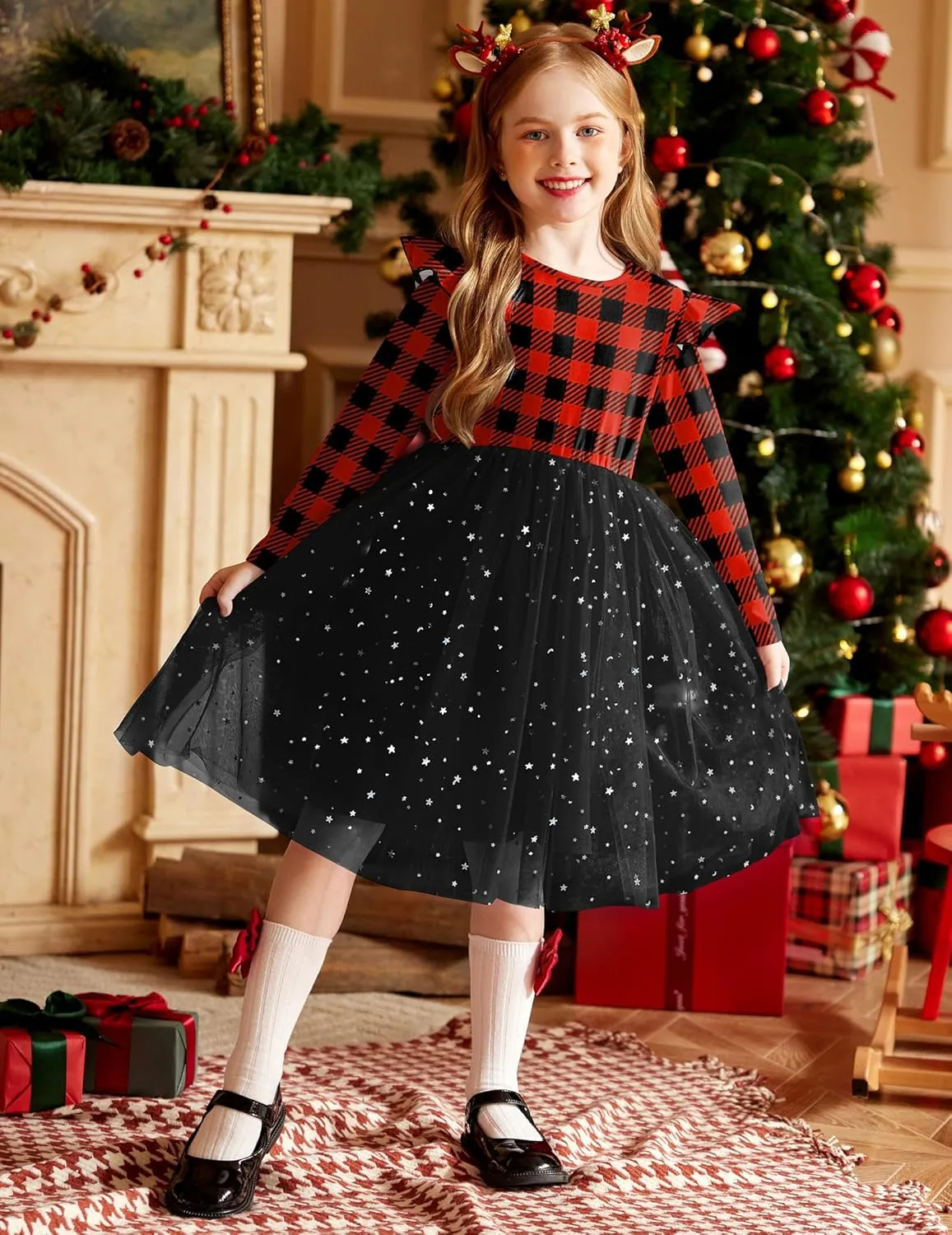 Arshiner Toddler Girls Tutu Dresses Long Sleeve Ruffle Fall Star Sequin Tulle Dress