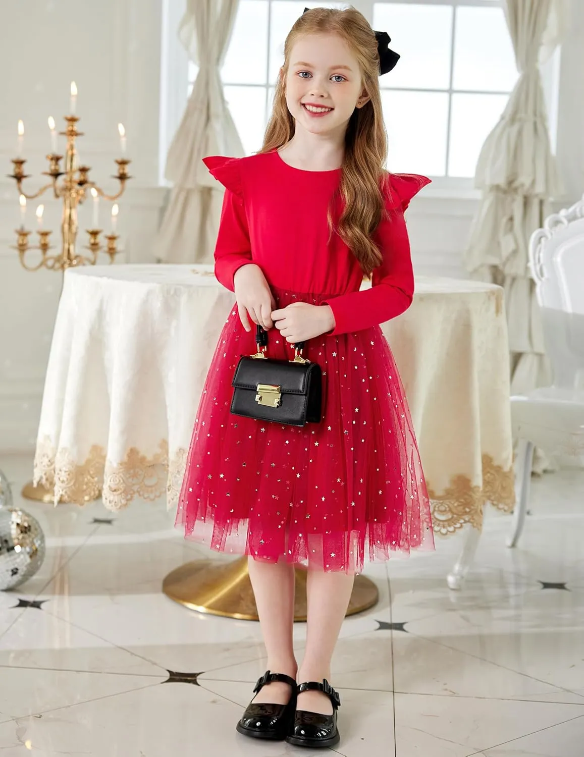 Arshiner Toddler Girls Tutu Dresses Long Sleeve Ruffle Fall Star Sequin Tulle Dress