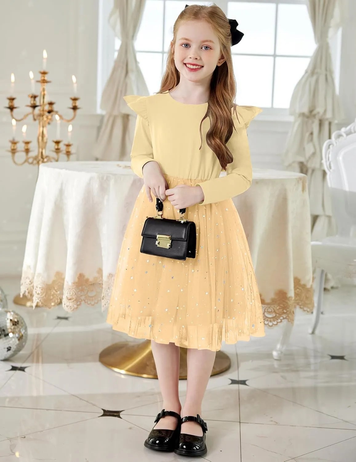 Arshiner Toddler Girls Tutu Dresses Long Sleeve Ruffle Fall Star Sequin Tulle Dress