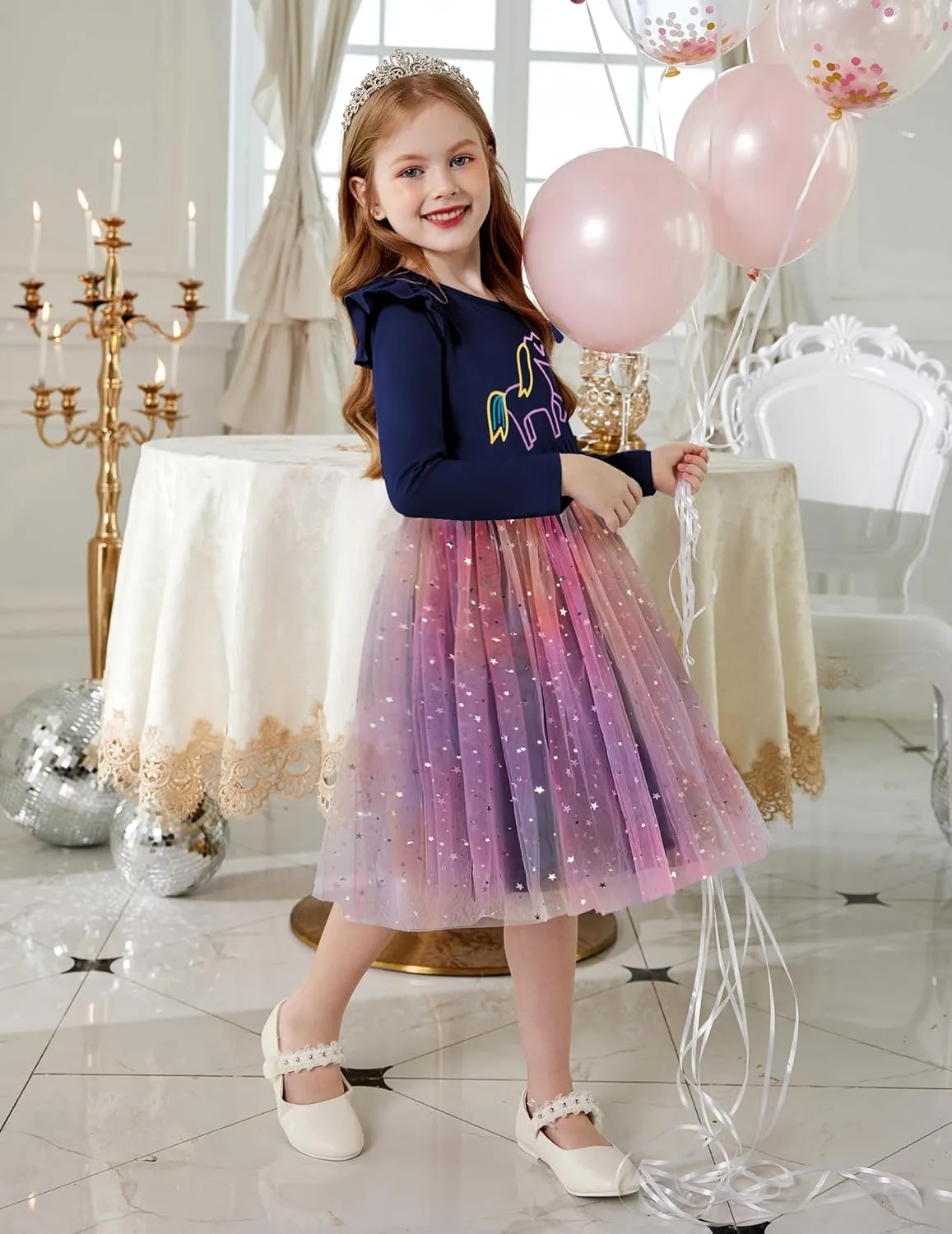 Arshiner Toddler Girls Tutu Dresses Long Sleeve Ruffle Fall Star Sequin Tulle Dress