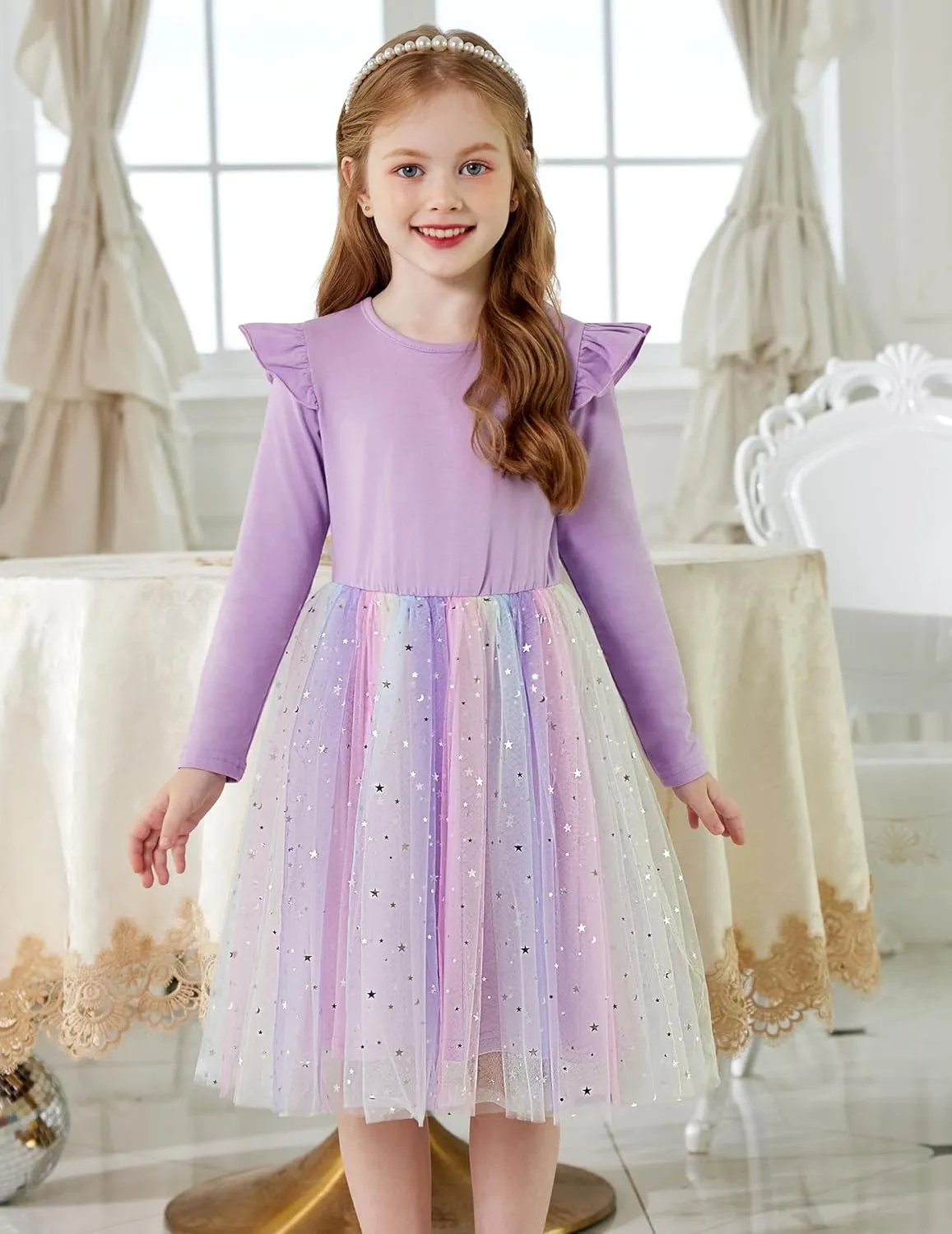 Arshiner Toddler Girls Tutu Dresses Long Sleeve Ruffle Fall Star Sequin Tulle Dress