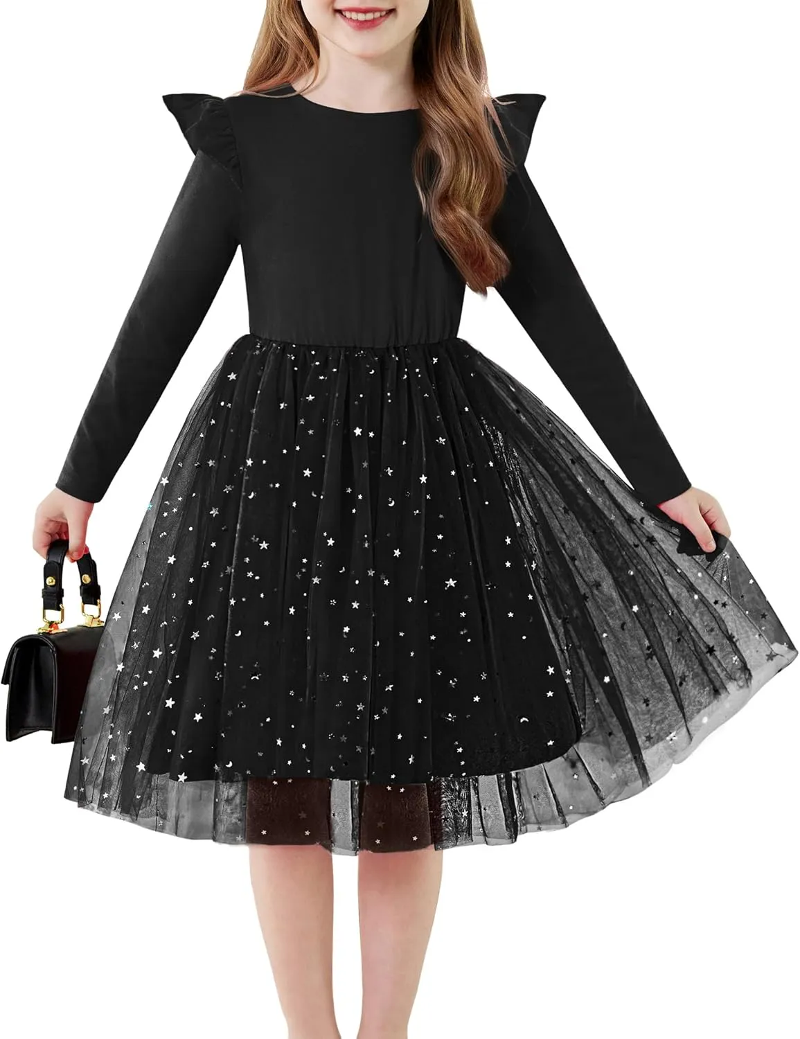 Arshiner Toddler Girls Tutu Dresses Long Sleeve Ruffle Fall Star Sequin Tulle Dress