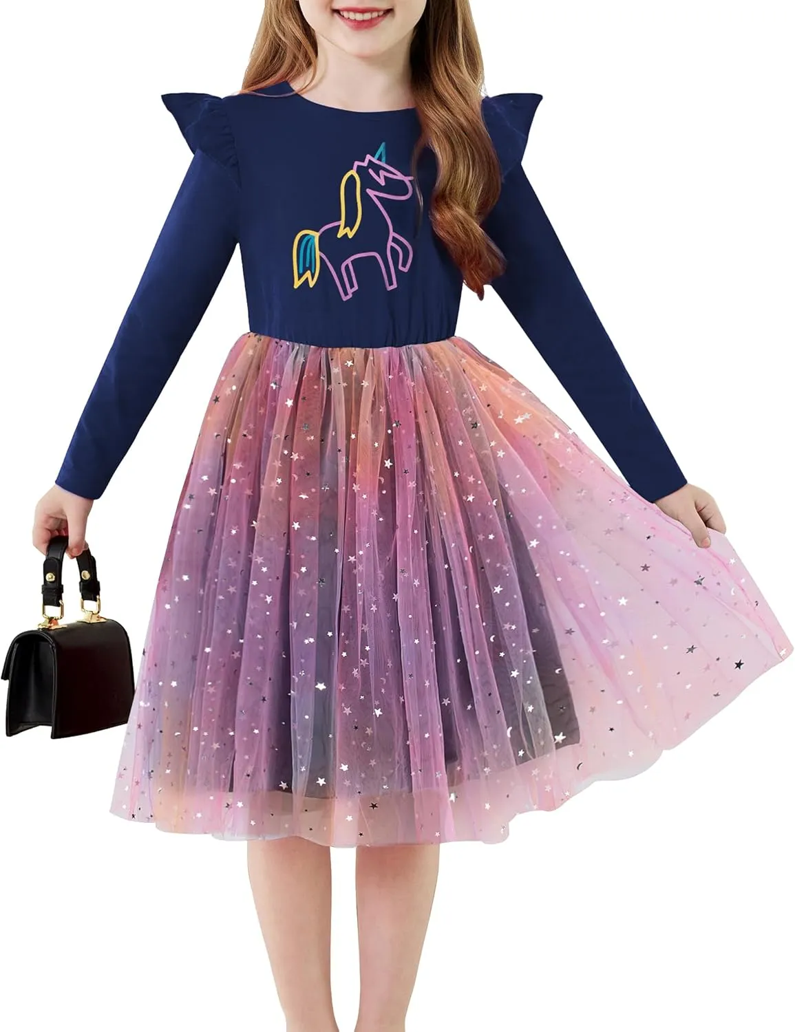 Arshiner Toddler Girls Tutu Dresses Long Sleeve Ruffle Fall Star Sequin Tulle Dress