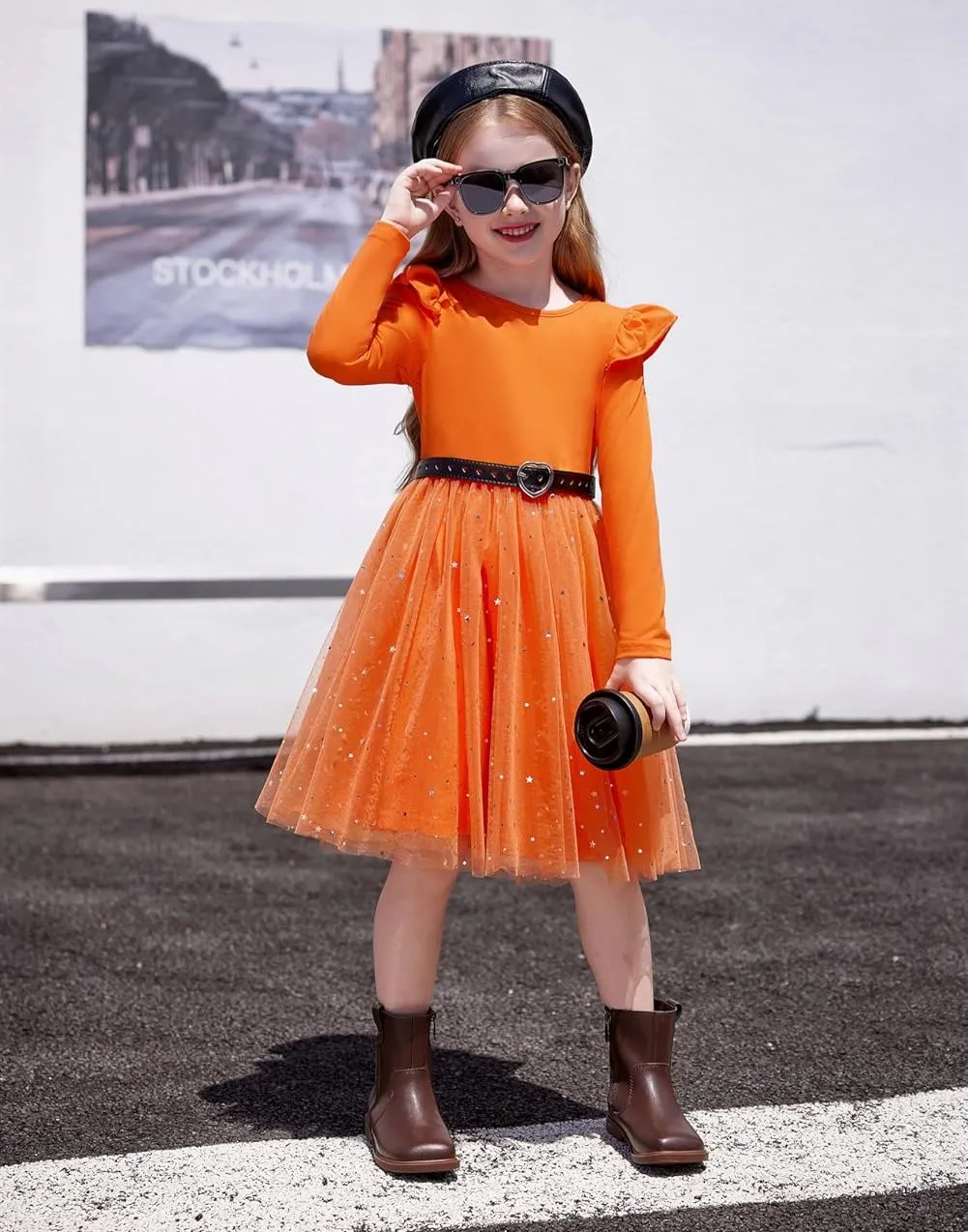 Arshiner Toddler Girls Tutu Dresses Long Sleeve Ruffle Fall Star Sequin Tulle Dress