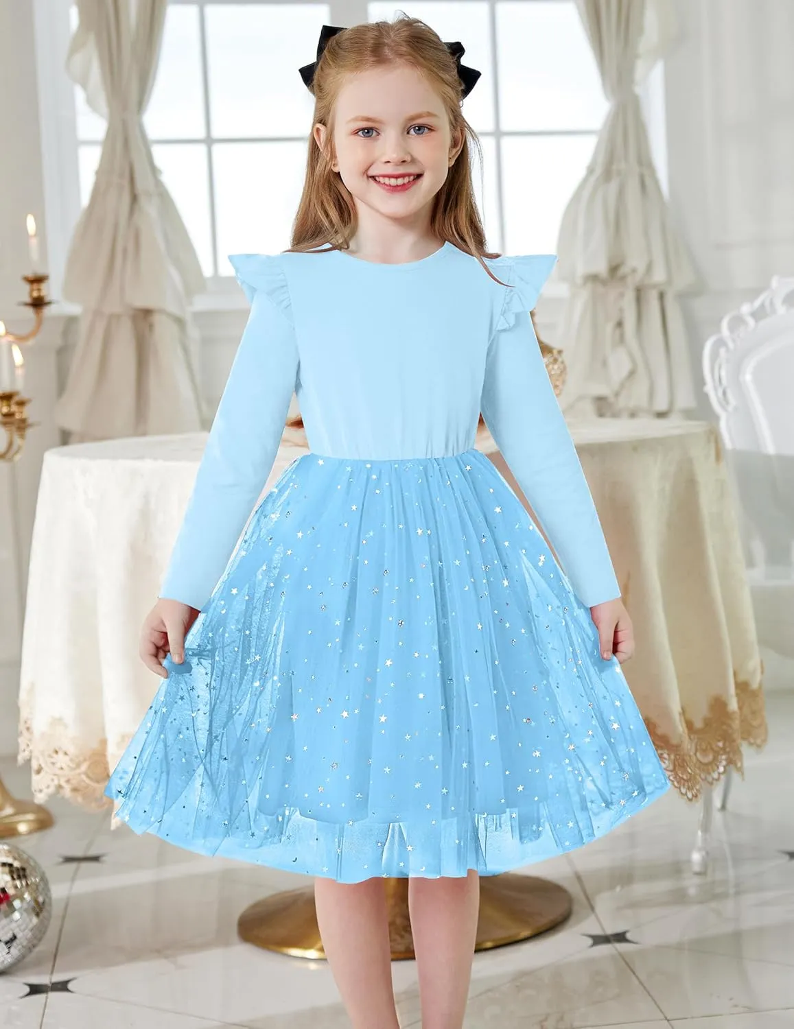 Arshiner Toddler Girls Tutu Dresses Long Sleeve Ruffle Fall Star Sequin Tulle Dress