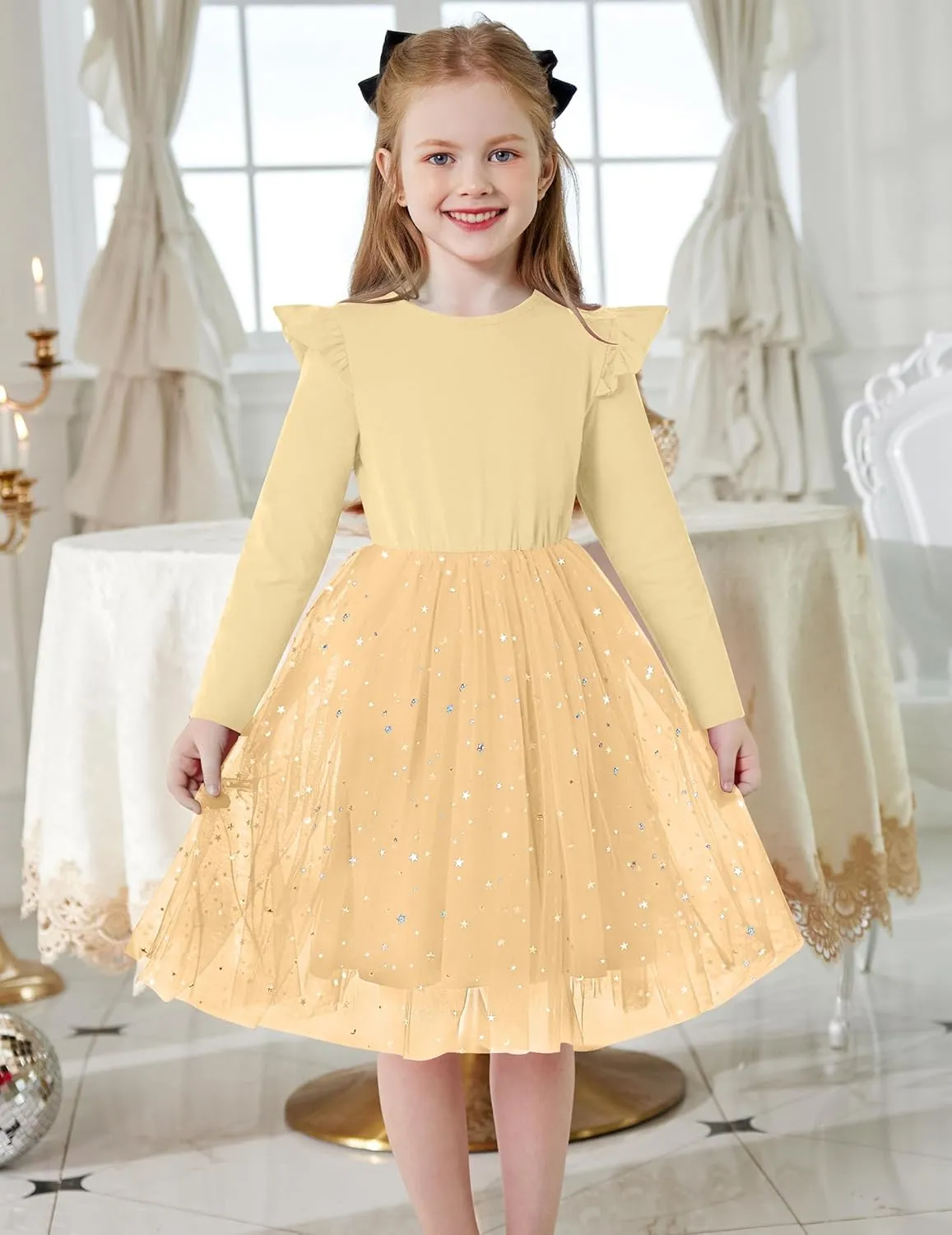 Arshiner Toddler Girls Tutu Dresses Long Sleeve Ruffle Fall Star Sequin Tulle Dress