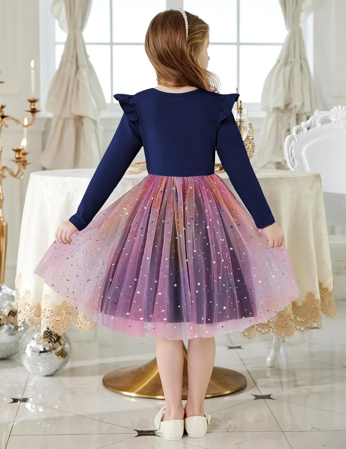 Arshiner Toddler Girls Tutu Dresses Long Sleeve Ruffle Fall Star Sequin Tulle Dress