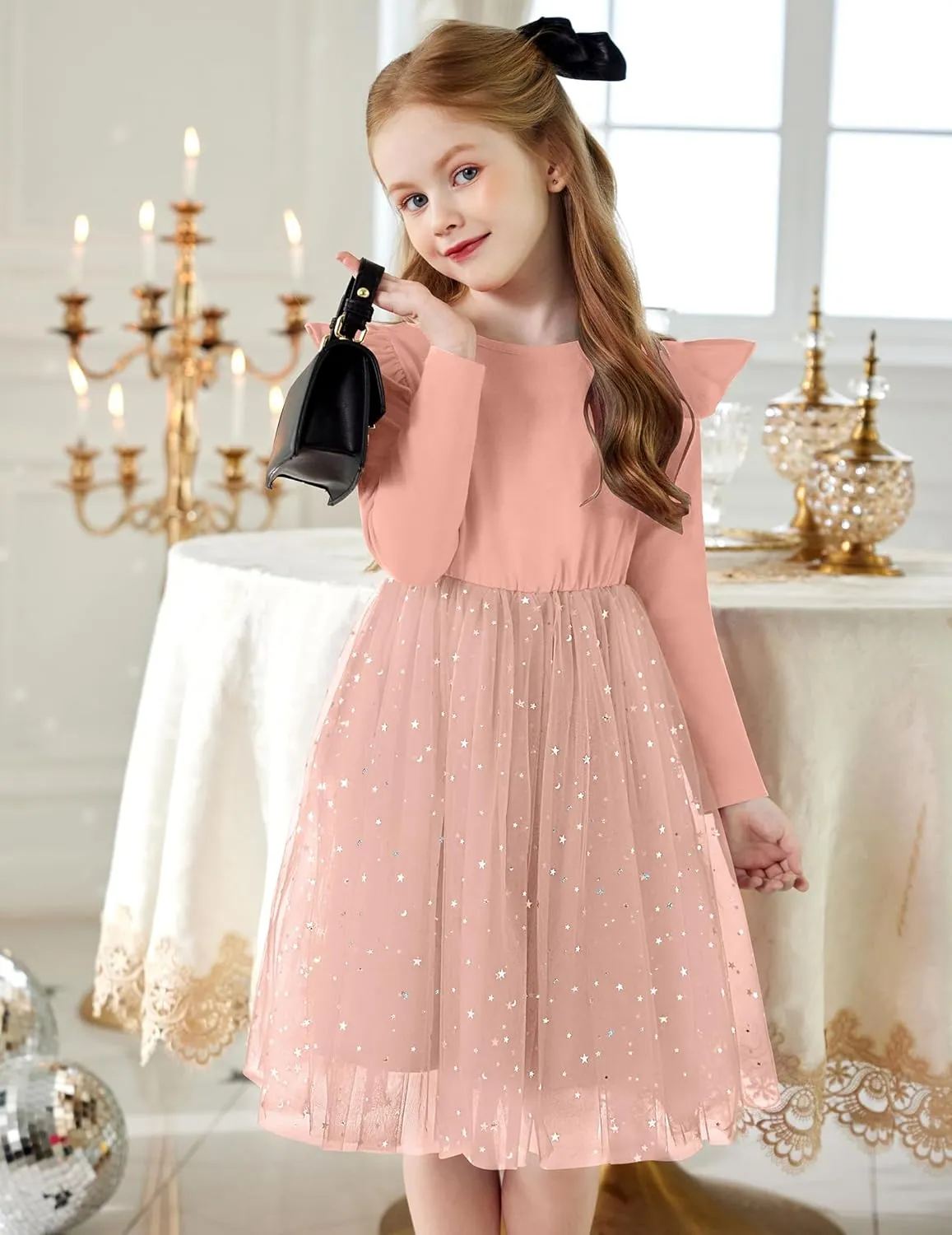 Arshiner Toddler Girls Tutu Dresses Long Sleeve Ruffle Fall Star Sequin Tulle Dress