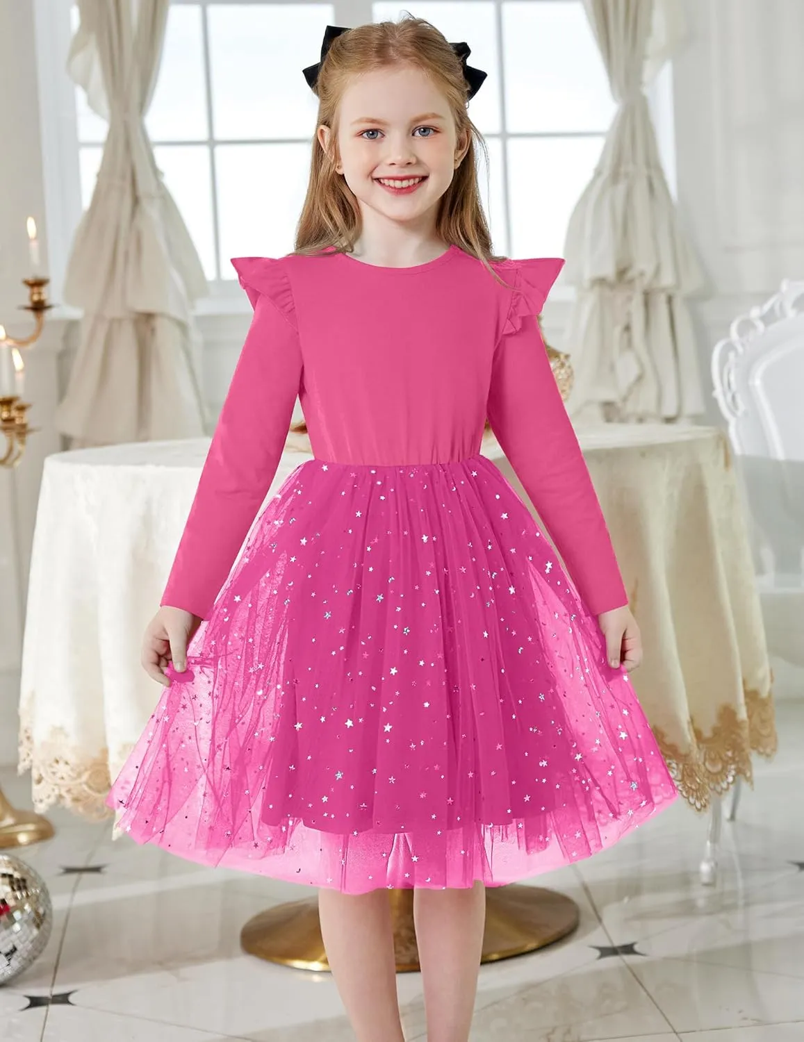 Arshiner Toddler Girls Tutu Dresses Long Sleeve Ruffle Fall Star Sequin Tulle Dress
