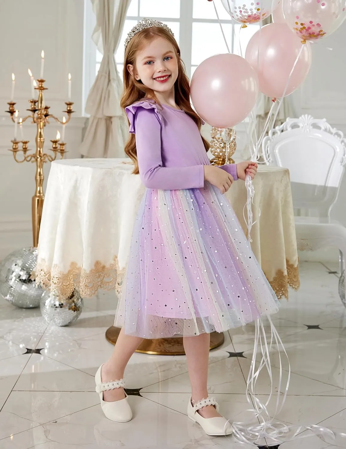 Arshiner Toddler Girls Tutu Dresses Long Sleeve Ruffle Fall Star Sequin Tulle Dress