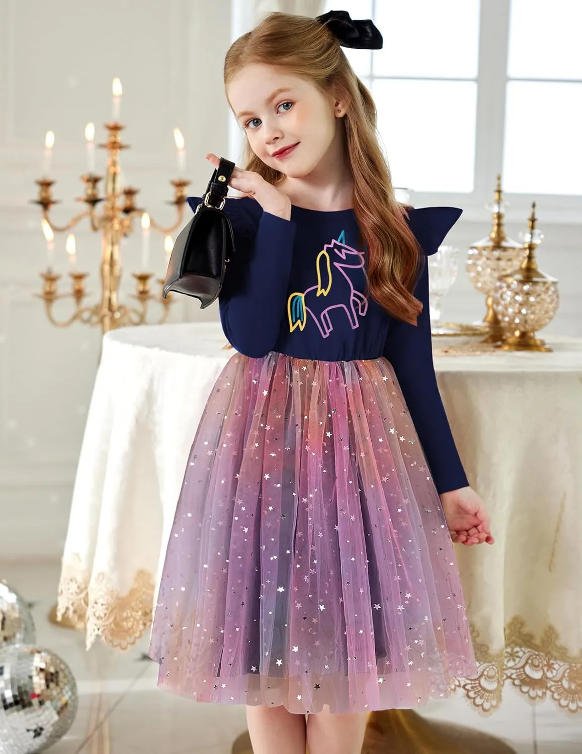 Arshiner Toddler Girls Tutu Dresses Long Sleeve Ruffle Fall Star Sequin Tulle Dress