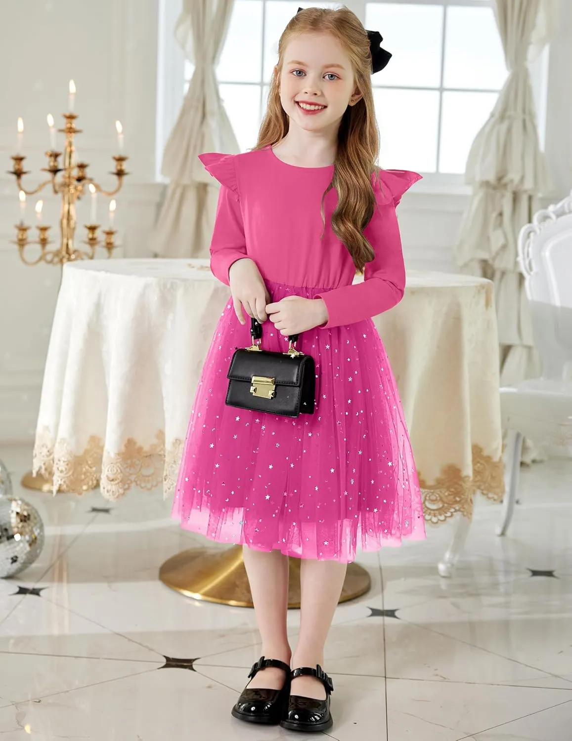 Arshiner Toddler Girls Tutu Dresses Long Sleeve Ruffle Fall Star Sequin Tulle Dress
