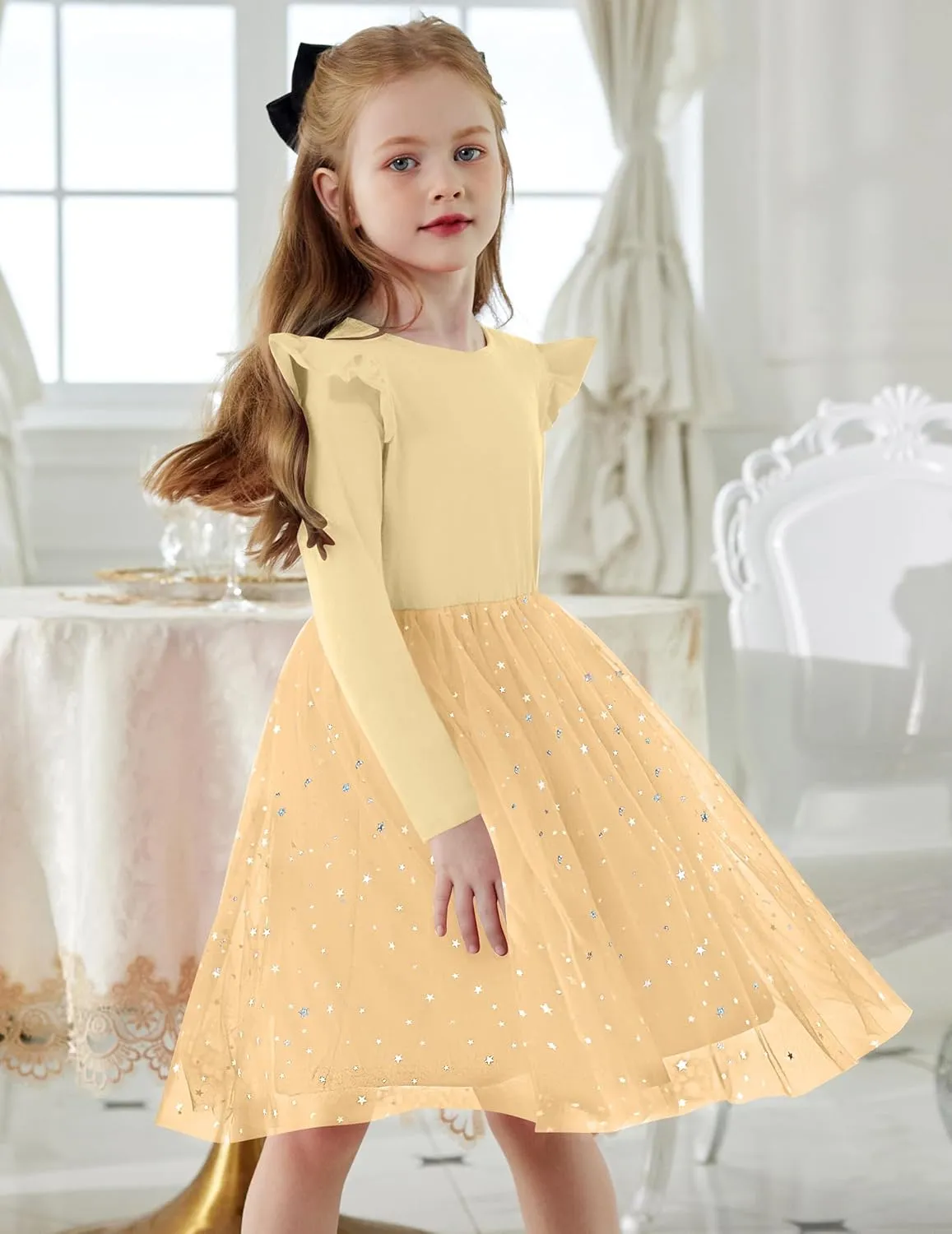 Arshiner Toddler Girls Tutu Dresses Long Sleeve Ruffle Fall Star Sequin Tulle Dress