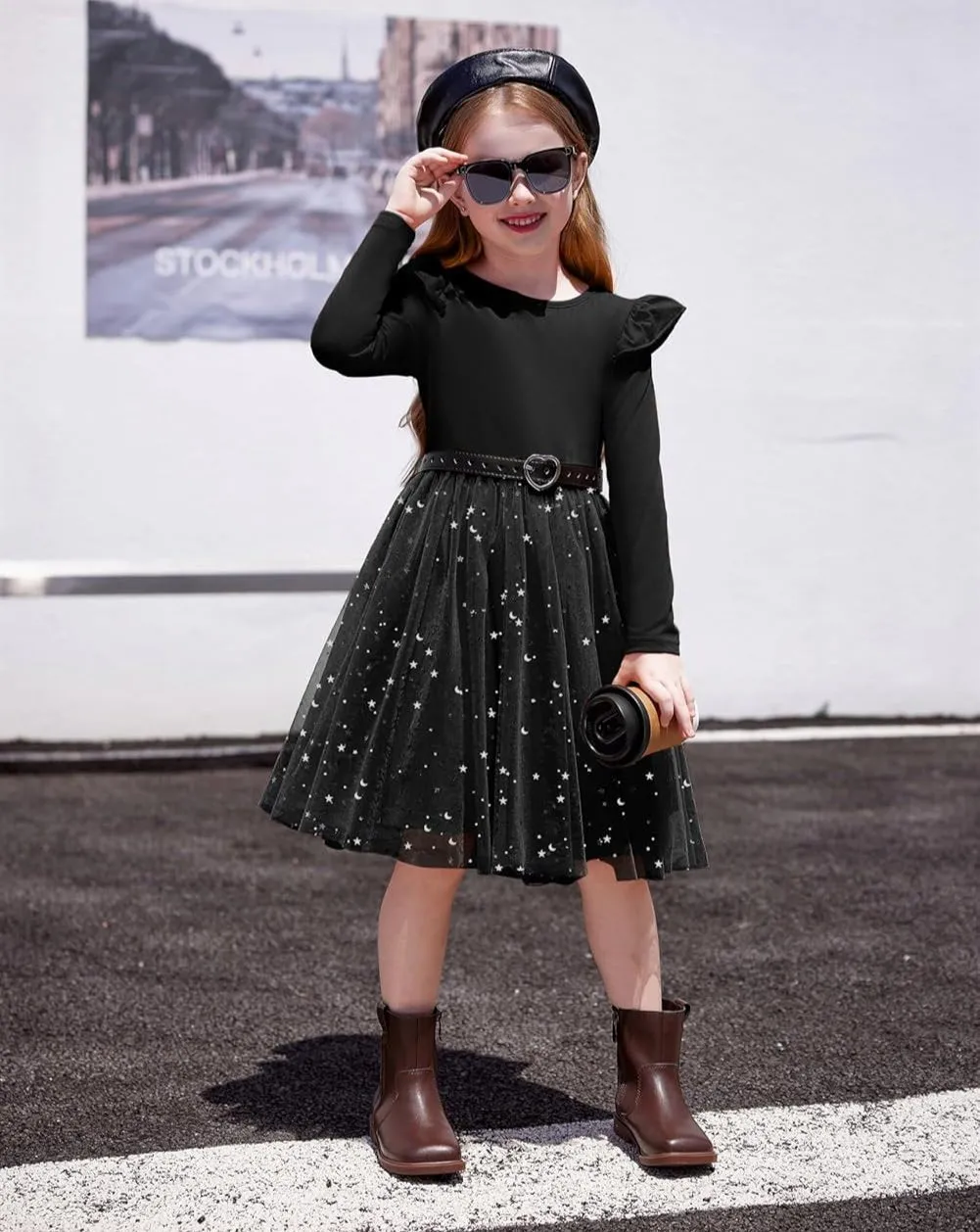 Arshiner Toddler Girls Tutu Dresses Long Sleeve Ruffle Fall Star Sequin Tulle Dress