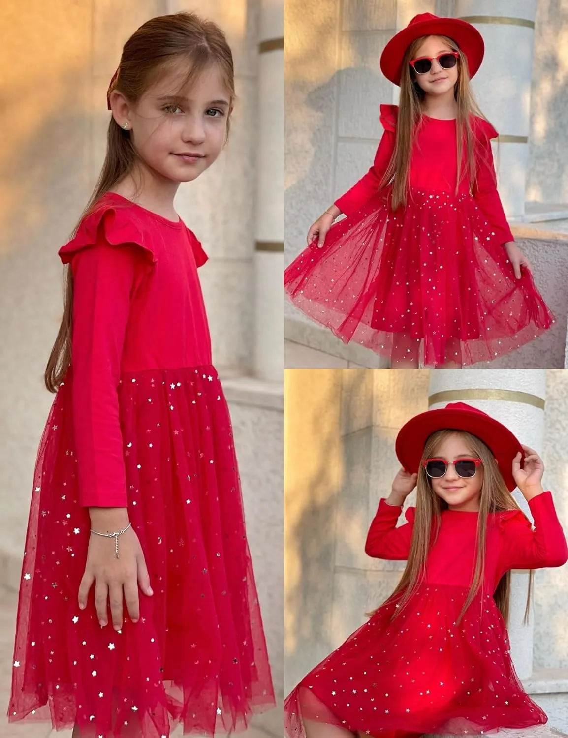 Arshiner Toddler Girls Tutu Dresses Long Sleeve Ruffle Fall Star Sequin Tulle Dress