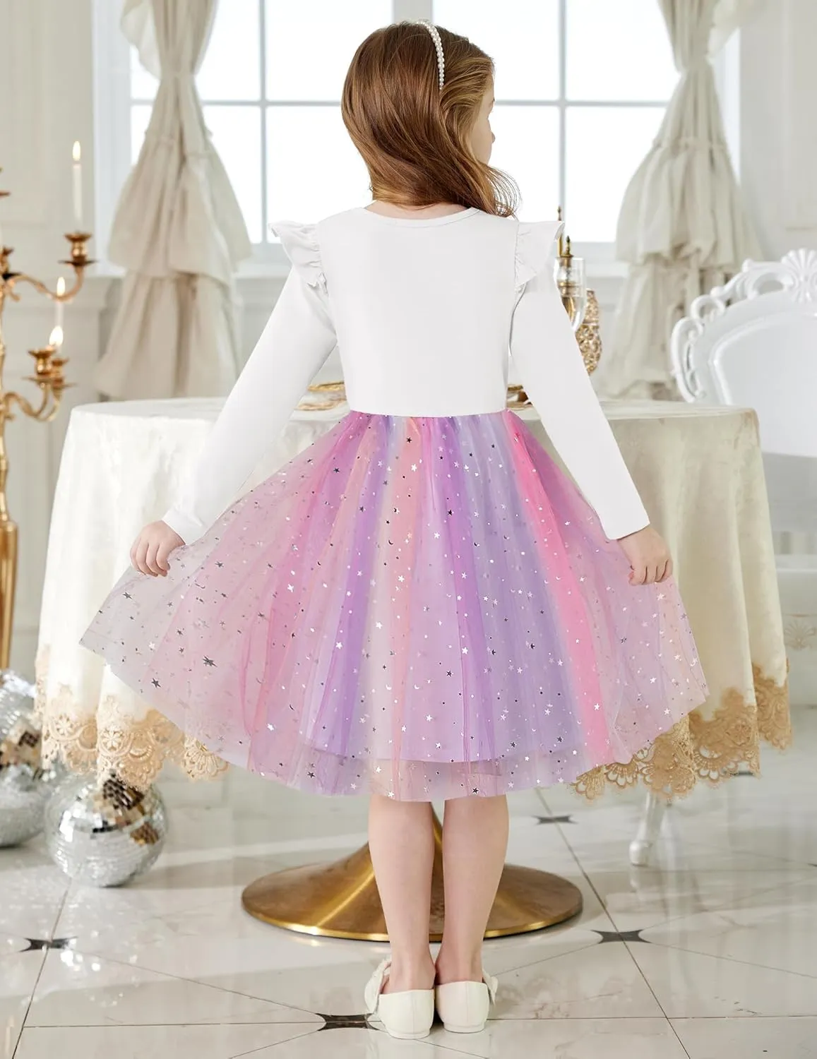 Arshiner Toddler Girls Tutu Dresses Long Sleeve Ruffle Fall Star Sequin Tulle Dress