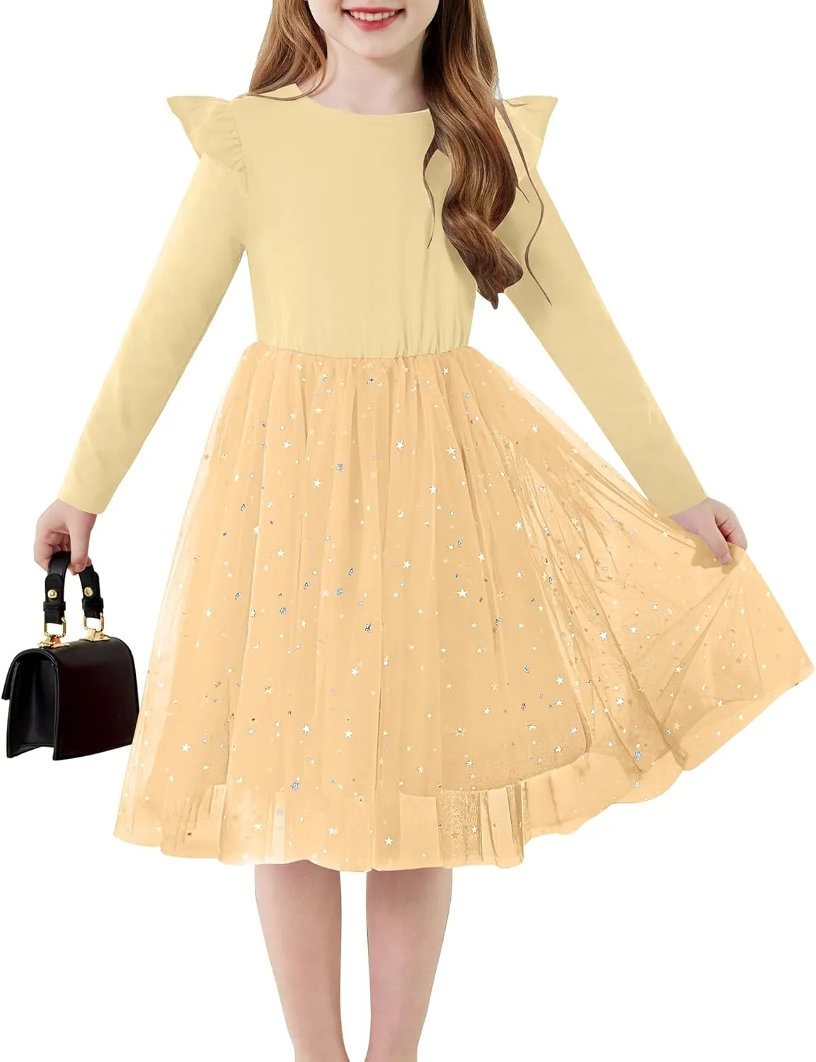 Arshiner Toddler Girls Tutu Dresses Long Sleeve Ruffle Fall Star Sequin Tulle Dress