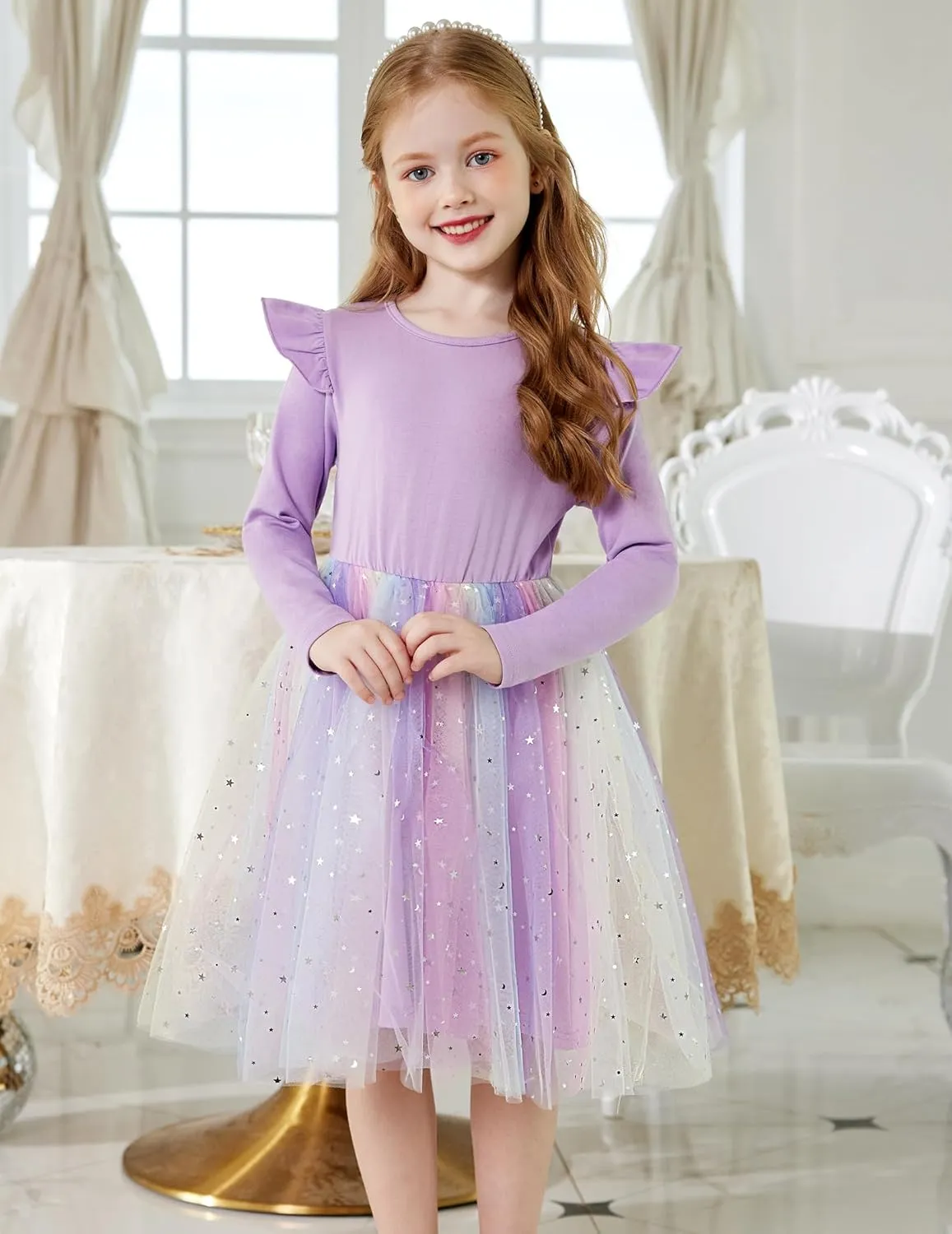 Arshiner Toddler Girls Tutu Dresses Long Sleeve Ruffle Fall Star Sequin Tulle Dress