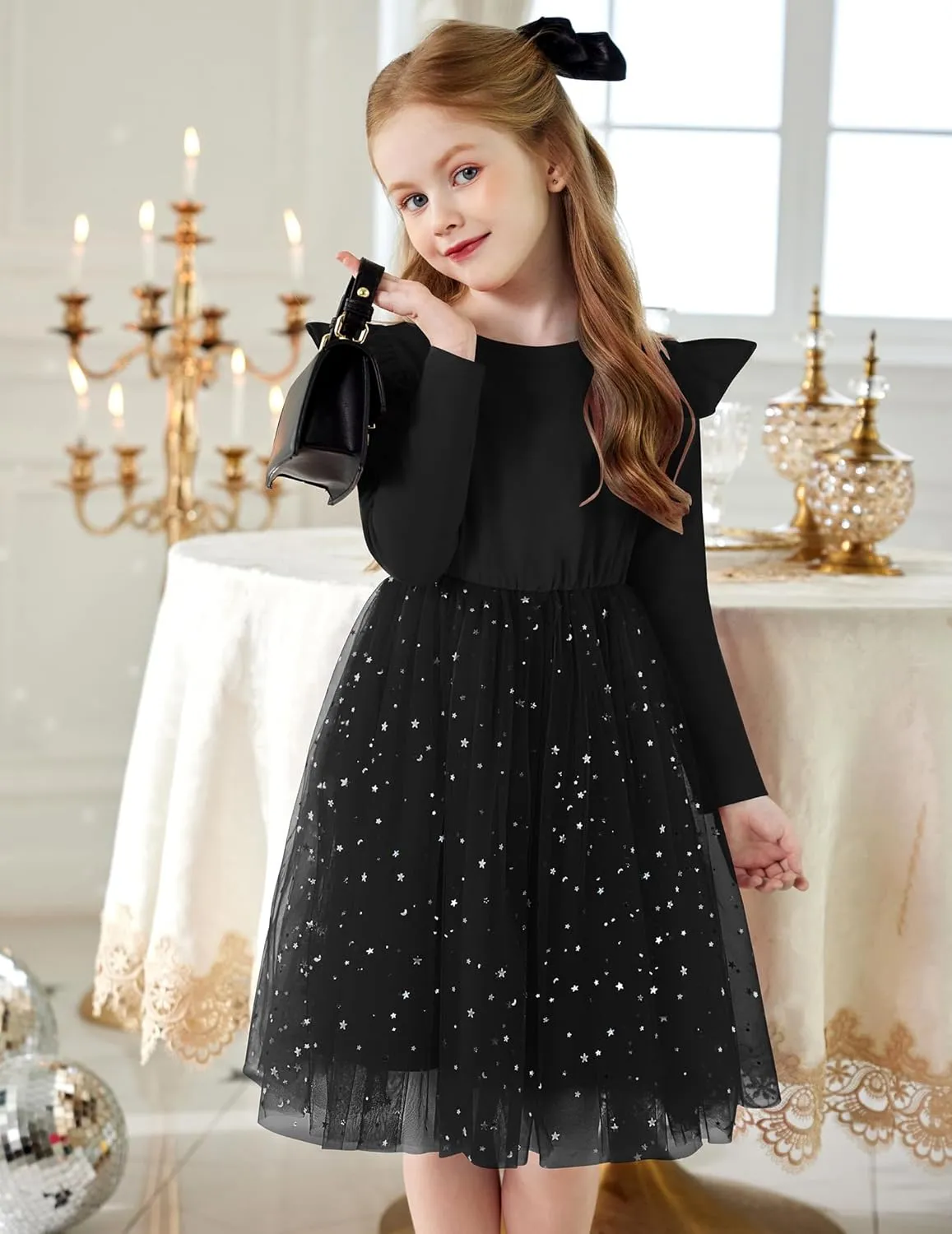 Arshiner Toddler Girls Tutu Dresses Long Sleeve Ruffle Fall Star Sequin Tulle Dress