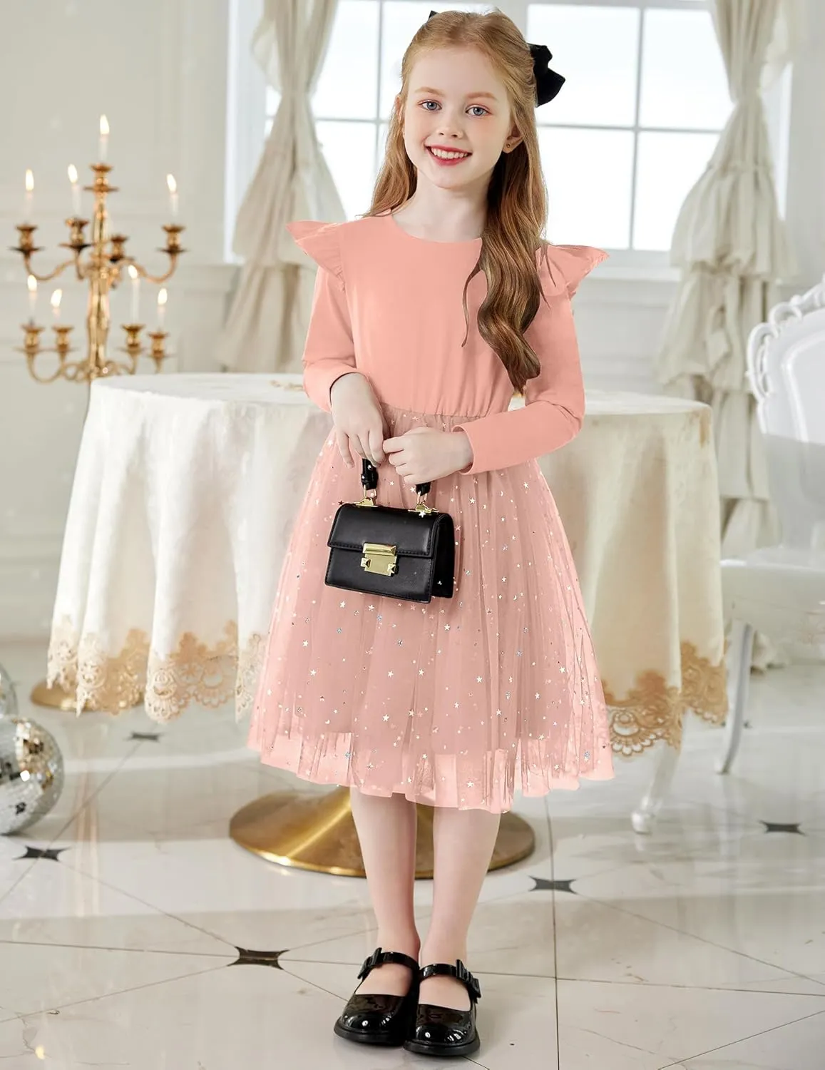 Arshiner Toddler Girls Tutu Dresses Long Sleeve Ruffle Fall Star Sequin Tulle Dress