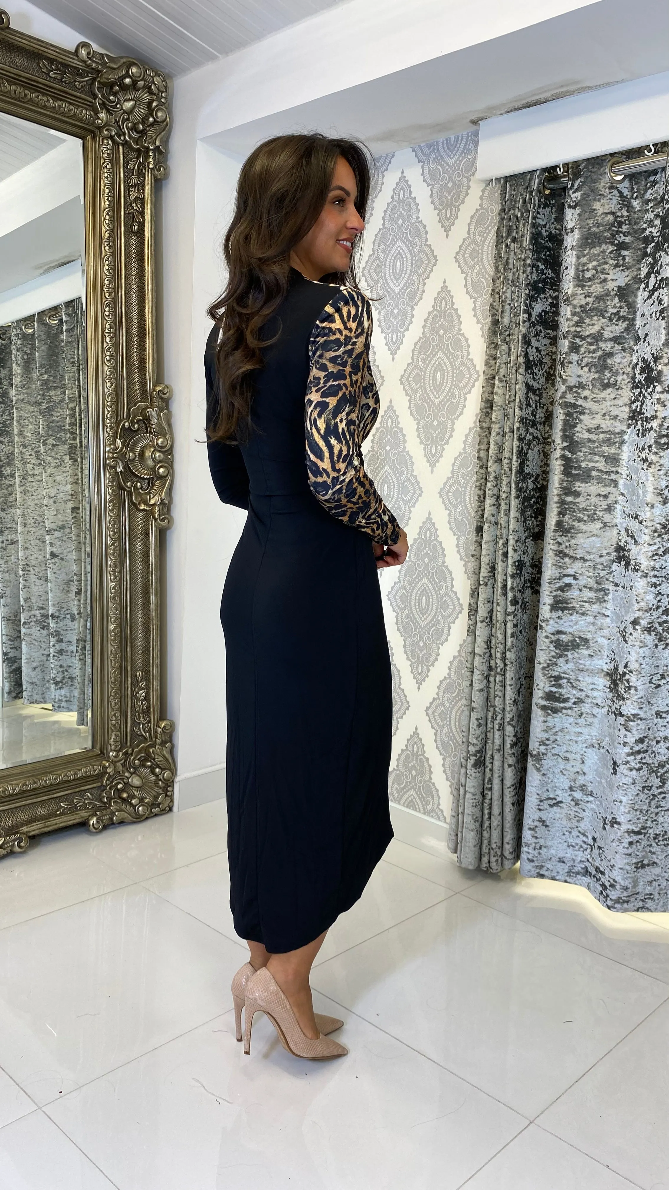 Black with Leopard Print Front Wrap Front Midi Dress