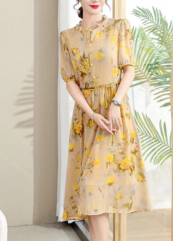 FLYTONN- Elegant Yellow Ruffled Print Lace Up Chiffon Dresses Summer BB032