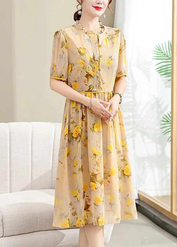 FLYTONN- Elegant Yellow Ruffled Print Lace Up Chiffon Dresses Summer BB032