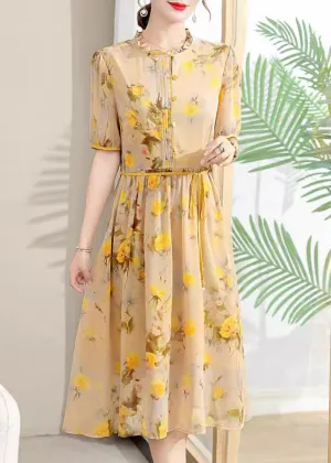 FLYTONN- Elegant Yellow Ruffled Print Lace Up Chiffon Dresses Summer BB032