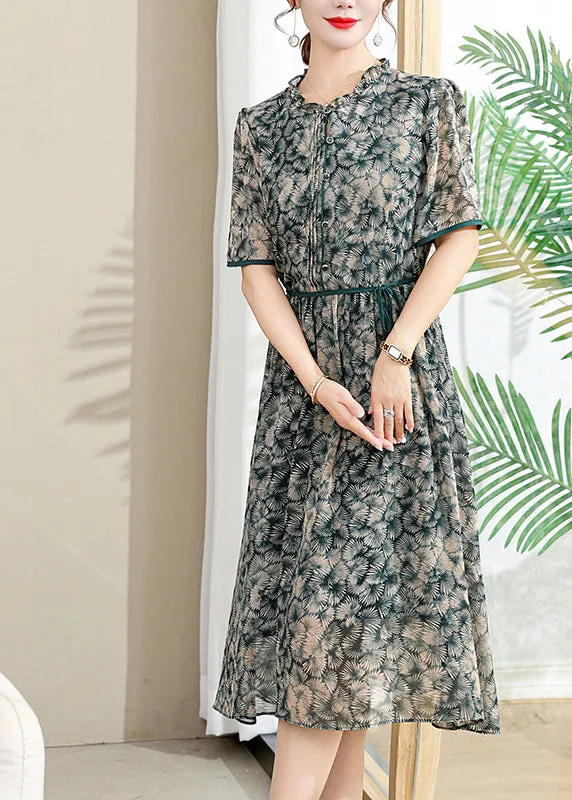 FLYTONN- Elegant Yellow Ruffled Print Lace Up Chiffon Dresses Summer BB032