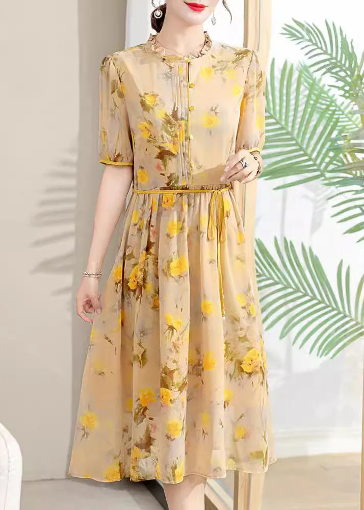 FLYTONN- Elegant Yellow Ruffled Print Lace Up Chiffon Dresses Summer BB032