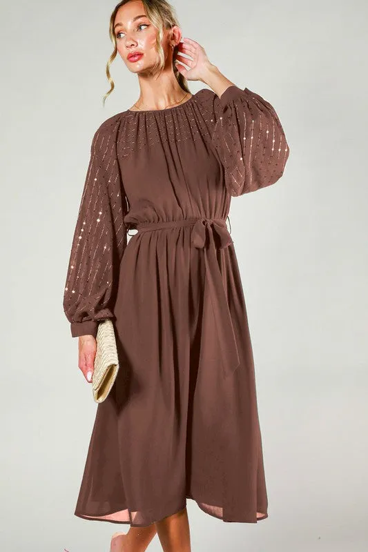 Mocha Sequin Detail Tie Waist Midi Dress