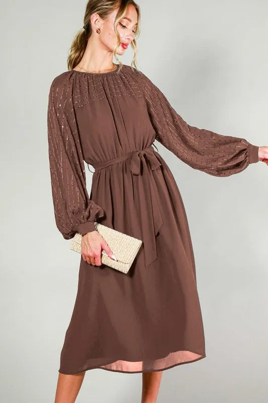 Mocha Sequin Detail Tie Waist Midi Dress