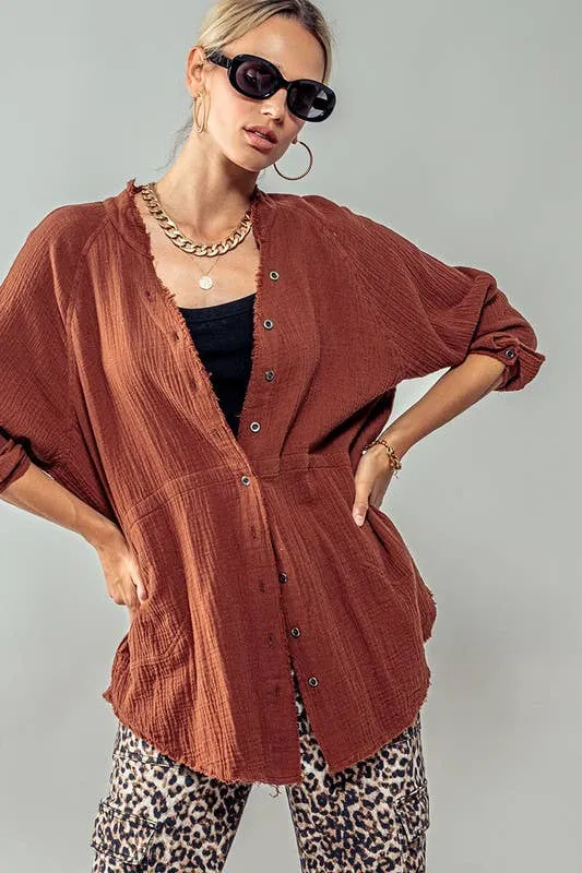 PREMIUM SOFT FRAYED HEM GAUZE WASHED SHIRT