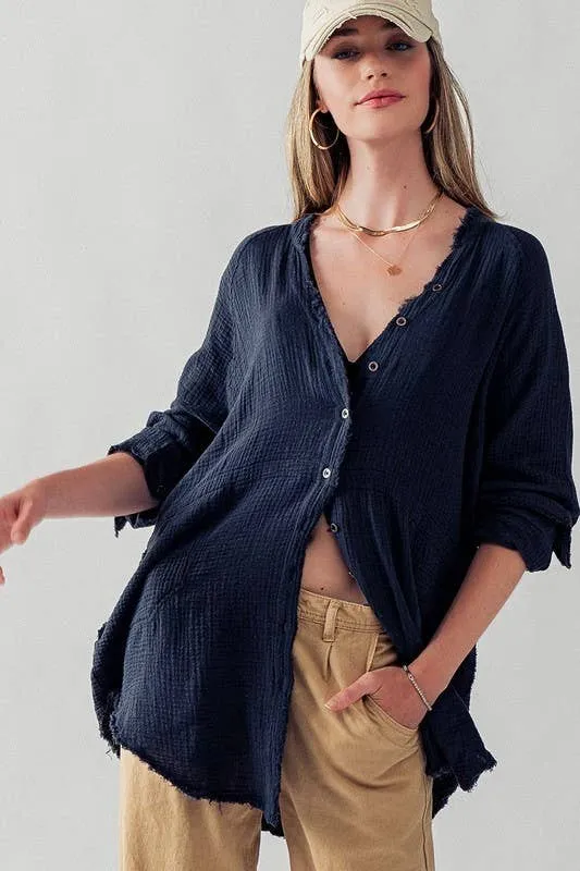 PREMIUM SOFT FRAYED HEM GAUZE WASHED SHIRT