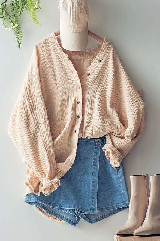 PREMIUM SOFT FRAYED HEM GAUZE WASHED SHIRT