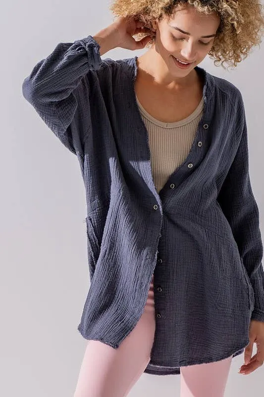 PREMIUM SOFT FRAYED HEM GAUZE WASHED SHIRT