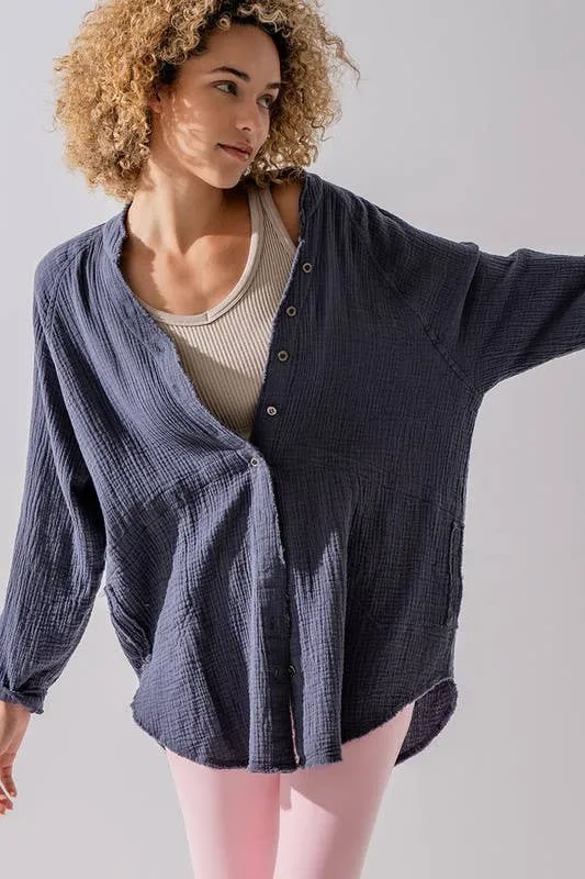 PREMIUM SOFT FRAYED HEM GAUZE WASHED SHIRT