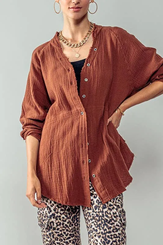PREMIUM SOFT FRAYED HEM GAUZE WASHED SHIRT