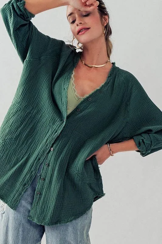 PREMIUM SOFT FRAYED HEM GAUZE WASHED SHIRT