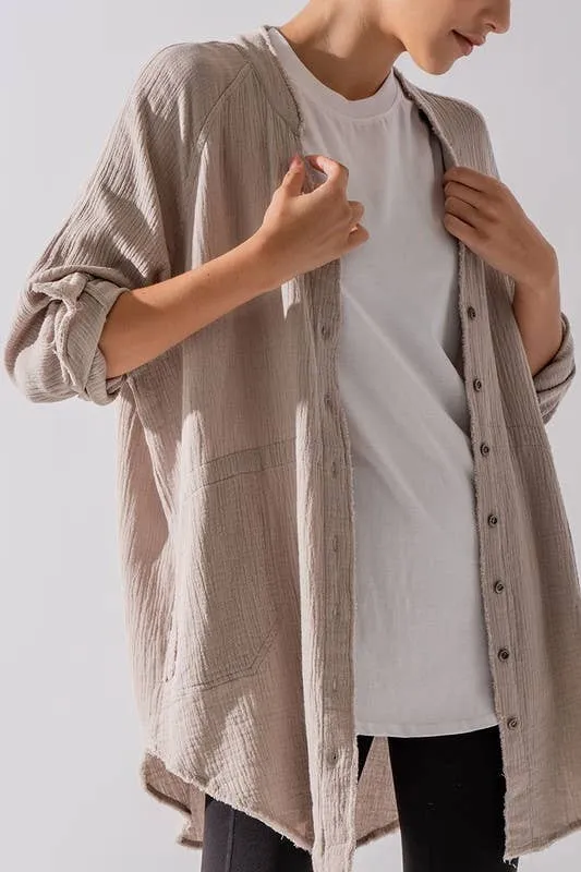 PREMIUM SOFT FRAYED HEM GAUZE WASHED SHIRT
