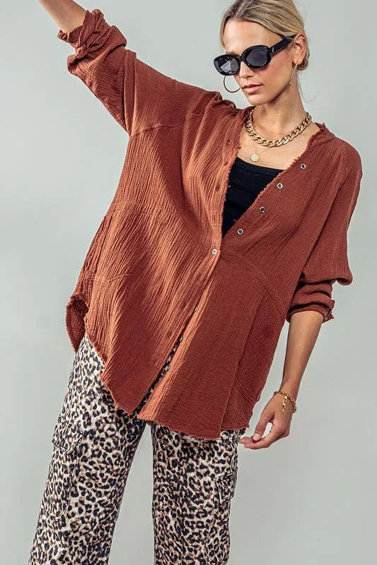 PREMIUM SOFT FRAYED HEM GAUZE WASHED SHIRT