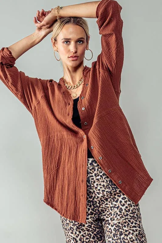 PREMIUM SOFT FRAYED HEM GAUZE WASHED SHIRT