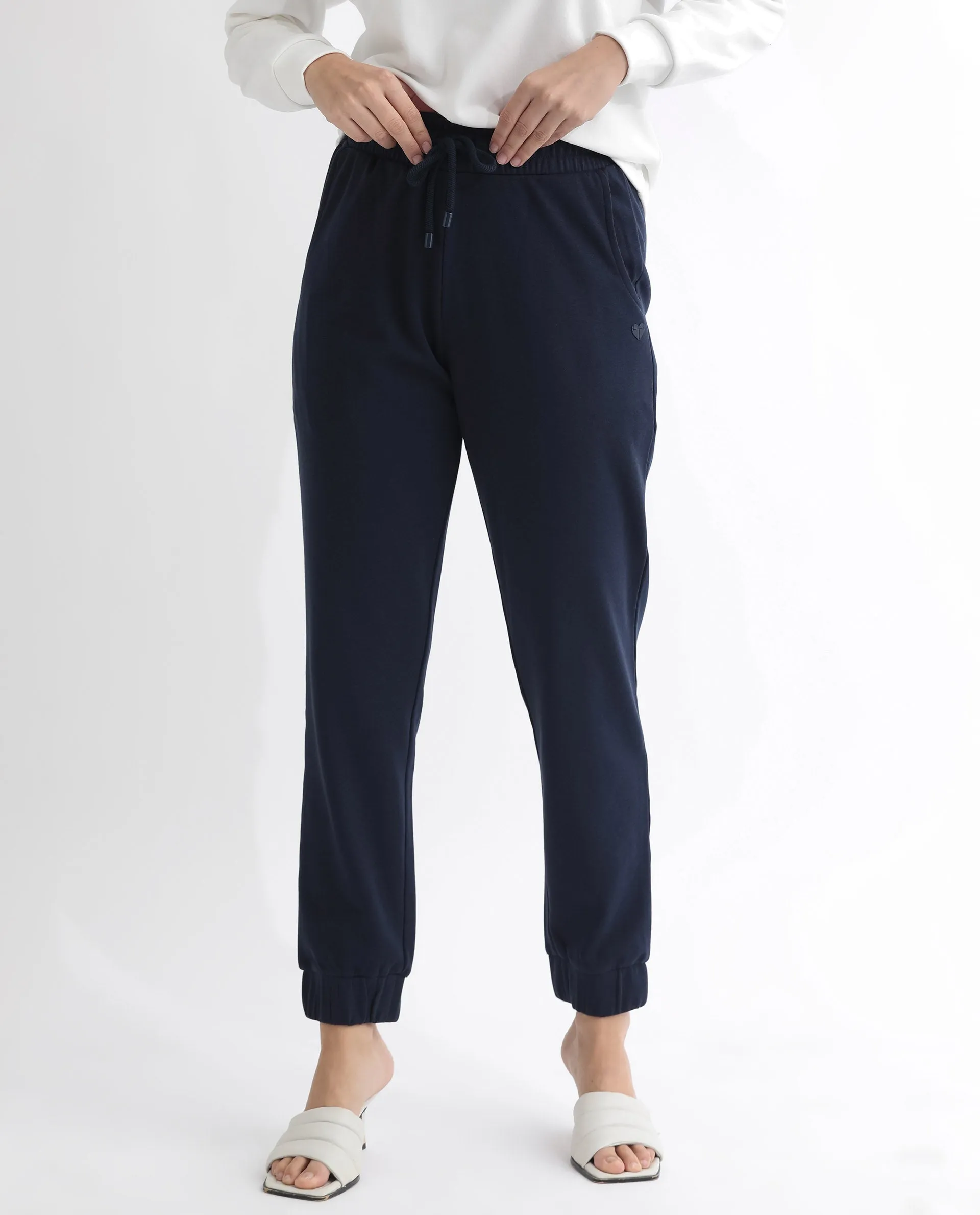 Rareism Women Terac T Navy Poly Cotton Fabric Regular Fit Solid Mid Rise Ankle Length Track Pant