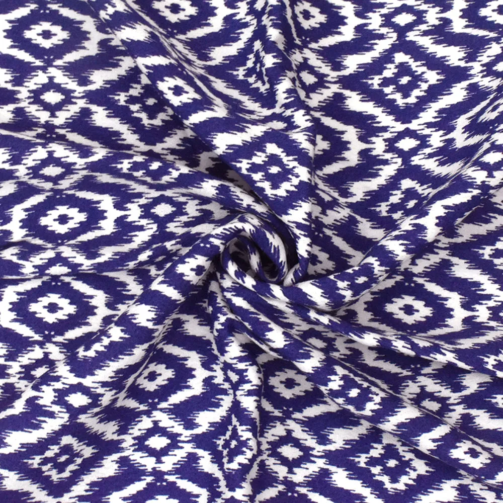 Royal Blue-White Ikat Printed Rayon Crepe Faille Woven Fabric
